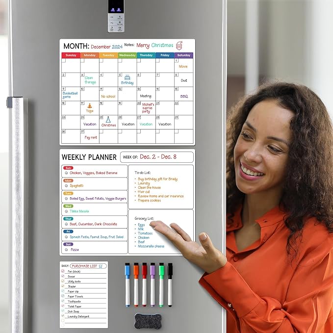 3 Pack, Magnetic Dry Erase Calendar for Refrigerator - Monthly, Weekly, Daily Magnet Fridge Whiteboard Planner for Chore Chart, Menu, to Do List, 14"X11", w/ 6 Markers, Style 3