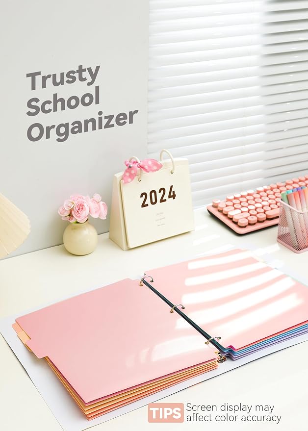 SortRax Plastic Folders with Pockets 3 Hole Punched, 6 Pack Pink Pocket Folders for 3 Ring Binder, Unique 1/3 Cut Tabs with Colorful Labels, School Folders, Letter Size