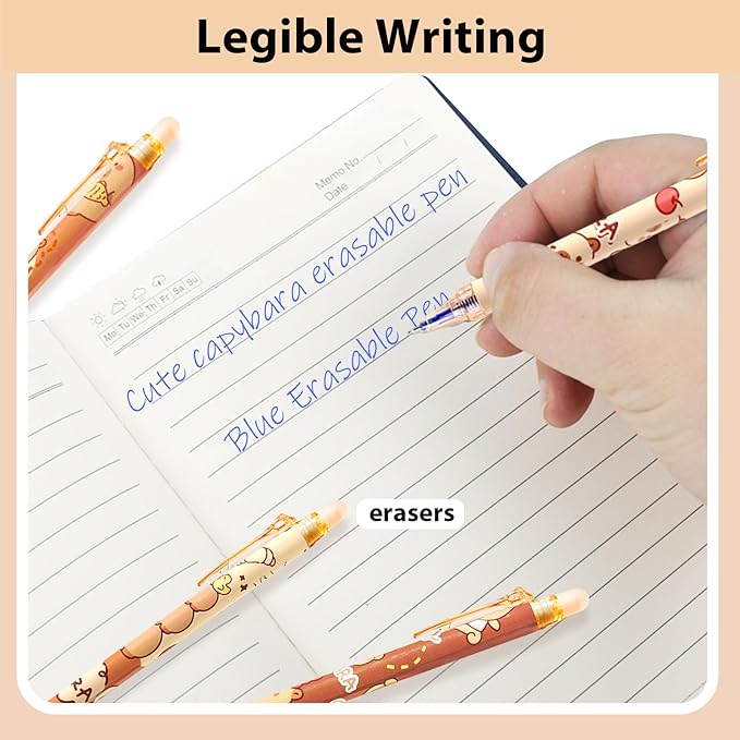 12 PCS Cute Erasable Pens,Capybara Erasable Gel Ink Pens,0.5mm Blue Ink - Retractable, Cute Capybara School Supplise,Kawaii Capybara Stationery Set,Perfect for Office, School, Women,Man