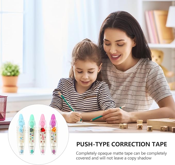 4pcs Cartoon Press Type Correction Tape Pen Set, Decorative DIY Stationery Supplies for Students, Portable Letter Tape for School and Office Use