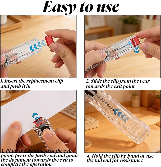 Portable Binder Clip Stapler,Includes 50 Reusable Clips Desktop Push Stapler Binder Clips Paper Clamps,Desktop Document Organizer for Home School Office (Clear)