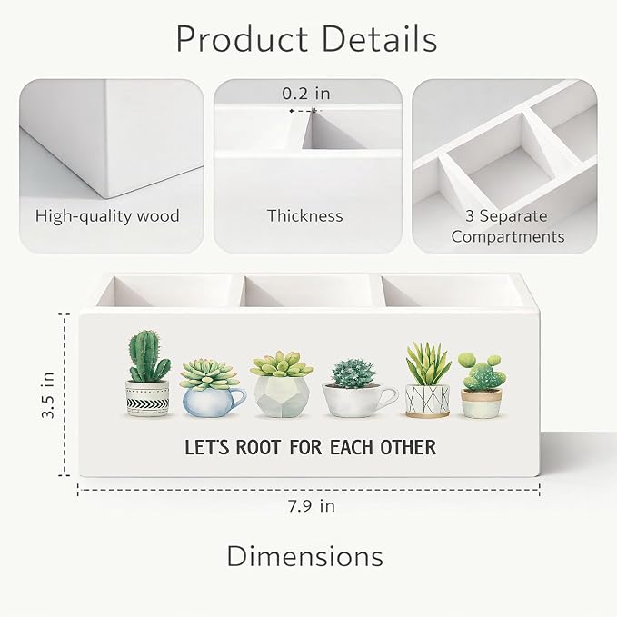 Succulent Desk Organizer Wooden Pen Pencil Holder for Desk, 3 Compartments Office Accessories, Let's Root for Each Other Plant Decor, Cute Succulent Gifts for Women Home Office Storage
