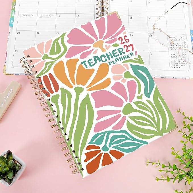 SKYDUE Teacher Planner 2026-2027 Academic Year, 8.5" x 11" Deluxe Teacher Lesson Planner with Monthly Tabs & Stickers, Lesson Plan Book 26-27, AbstractFloral