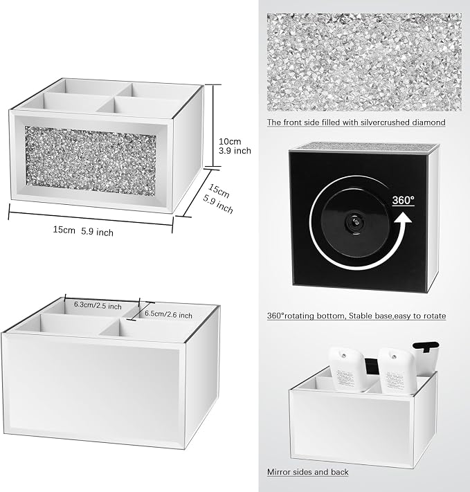 360 Rotating TV Remote Control Holder Caddy Storage for Table, Silver Bling Crushed Diamond Organizer for Pens and Pencils, Make Up Brushes