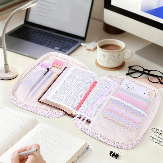 XKDOUS 30 Pcs Bible Cover Kit for Women Quilted Book Carrying Case Pink Bible Bag with Study Supplies Journaling Kit Large Church Book Holder Christian Gifts for Mother Lady