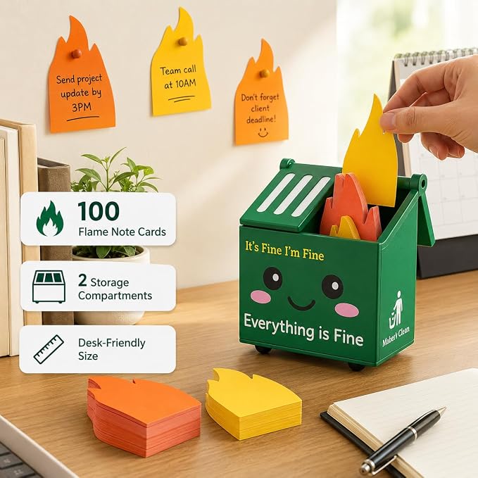 Desk Dumpster Fire Pen Holder – Everything’s Fine Funny Office Desk Decor, Mini Trash Can Pencil Holder Organizer with Flame Note Cards, Stress Relief White Elephant Gag Gift for Coworker