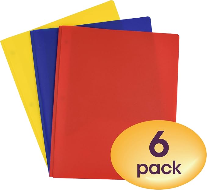 Smead Poly Two-Pocket Folder, Three-Hole Punch Prong Fasteners, Letter Size, Red, Yellow, Blue, 6 Folders Total (87746)
