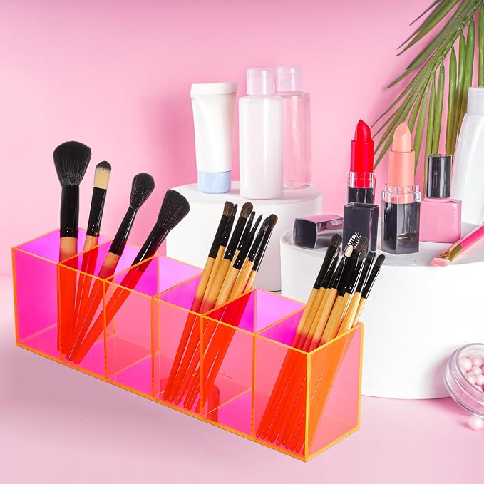 Juexica 2 Pack Acrylic Makeup Brush Holder 6 Compartments Pencil Organizer Cup Pencil Holder for Desk Pen Organizer Storage Box for Accessories Cosmetic Brushes Office Bathroom Kitchen Supply (Pink)