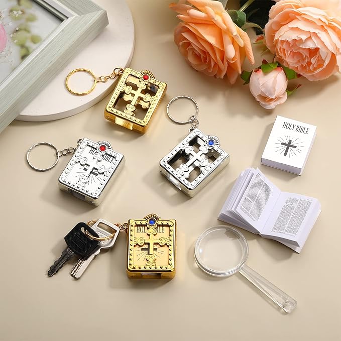 16 Pieces Mini Bible Keychain Small Holy Bible Key Ring Religious Jesus Keychain Souvenir Christian Present for Baptism, Church, Communion with Magnifying Glass, 4 Styles(Stylish Style)