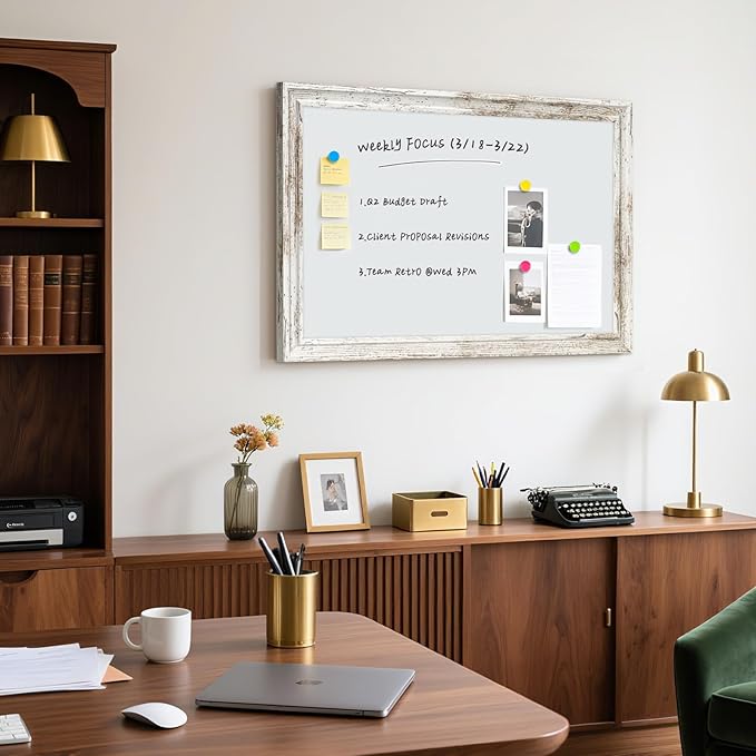 White Board for Wall, 36'' x 24'' Magnetic Dry Erase Board, Decorative Whiteboard with Vintage Wooden Frame, Hanging Writing Board for Home Office School Dorm