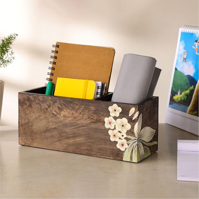 dudki 2 Compartment Floral Design Wooden Desk organizer caddy For Multipurpose stationary Storage Pen Stand Accessories With 2 Slots, Wooden, Classy looking dining table dΓ©cor