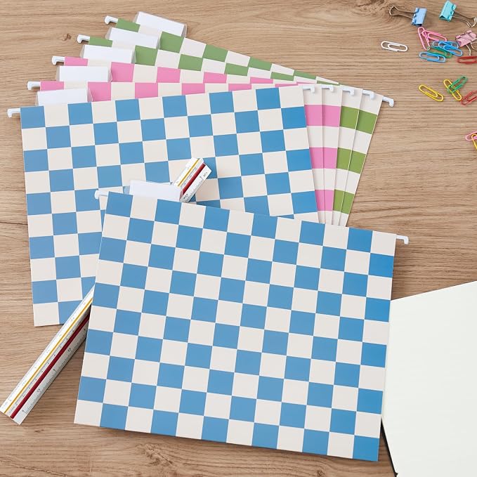 Y YOMA 18 Pack Decorative Hanging File Folders Letter Size Checkerboard Hanging Folder Pretty File Folder Organizer for Filing Cabinet Office Home with 1/5-Cut Adjustable Tabs, Peaceful Color