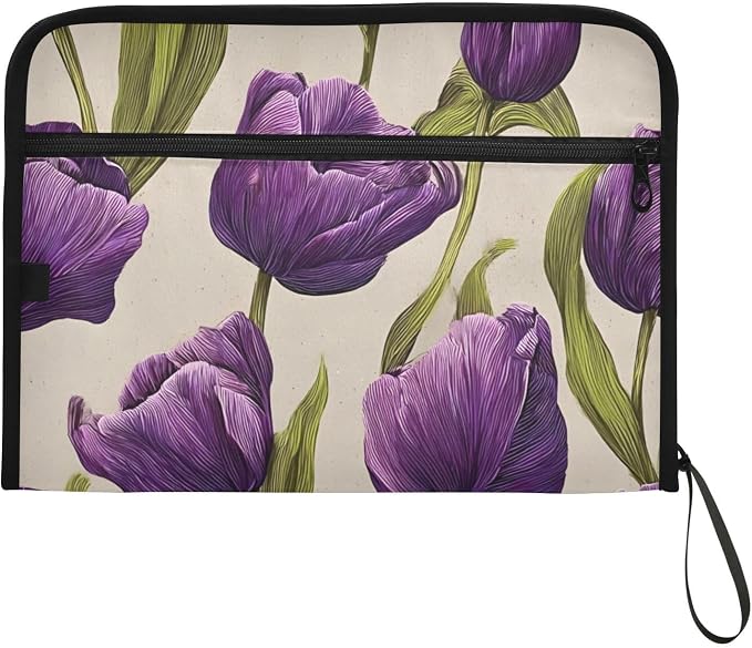Expanding File Folder Purple Tulips Pattern Accordion File Organizer 13 Pockets Document Organizer with Zipper Labels A4 Letter Office Storage