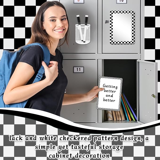 Demonwer 10 Pcs Locker Accessories Kit Black White Checkered Locker Organizer Magnetic Whiteboard Mirror Pen Holder Pen for Storage Organizing Shelf Back to School Party Supply
