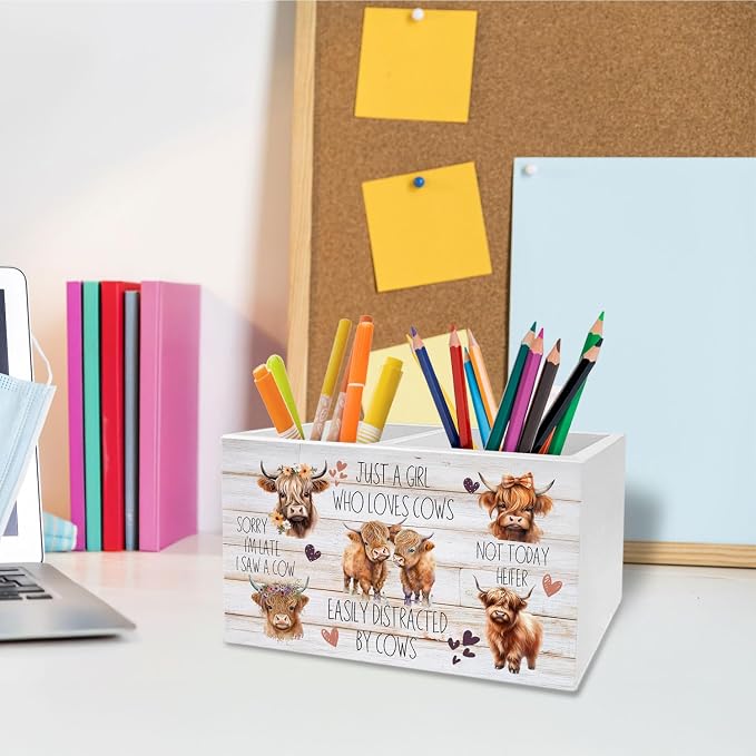 Highland Cow Pen Holder for Desk, Funny Easily Distracted by Cows Pencil Organizer, Highland Cow Desk Accessories, Rustic Gifts for Women Home Office Decor
