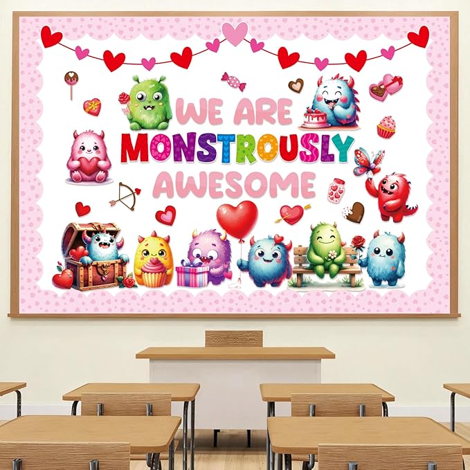 Fancy Land Valentine's Day Monster Bulletin Board Set for Classroom Decorations Valentine Monster Heart Cutouts for School Chalkboard Home Office Party Wall Door Decor Supplies 98Pcs