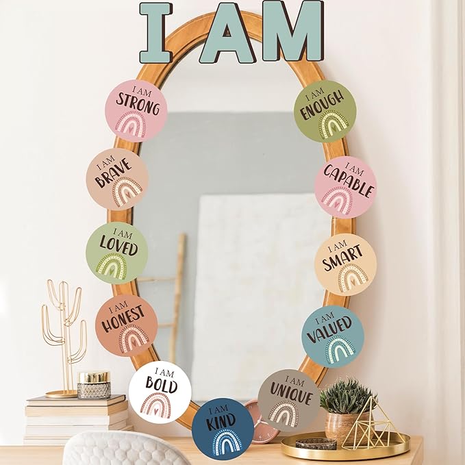 Positive Affirmation Station Bulletin Board Set Boho Affirmation Mirror Classroom Decor Rainbow Growth Mindset Decorations Inspirational Motivational Cards Accent Cutouts for Home School Wall Decor