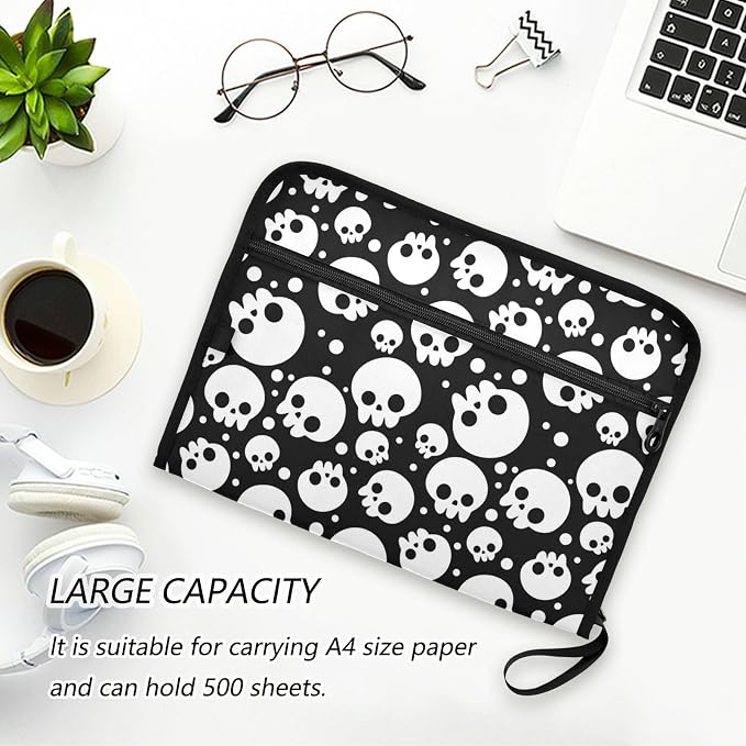 Skulls Black White 13 Pockets Expanding File Folder with Sticky Labels Accordion File Folder Document Organizer Letter Size A4 Papers Expandable File Keeper