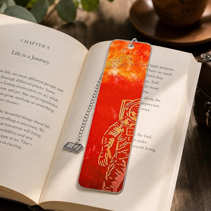Project Hail Mary Inspired Metal Bookmark with Chain, Double-Sided Printed Stainless Steel Bookmark, Space Astronaut Design, Book Charm Pendant, Reading Gift for Sci-Fi Fans, Book Lovers(Project B)