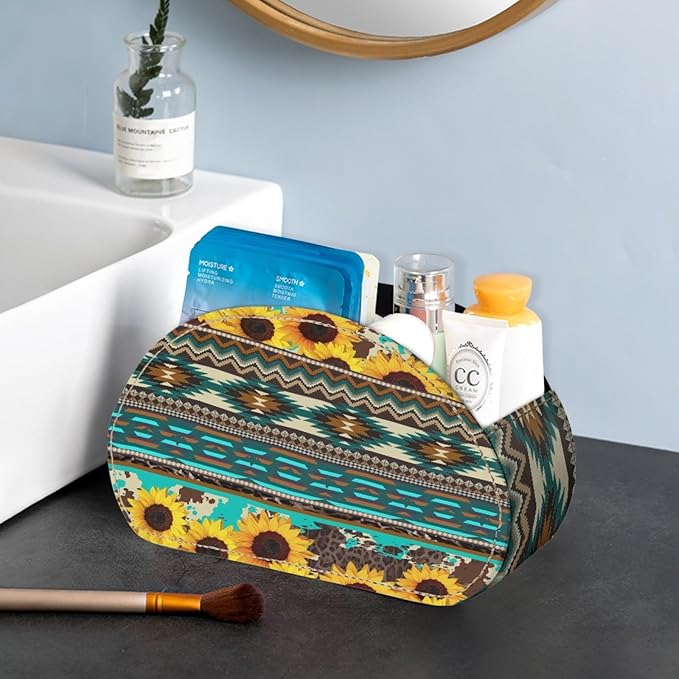 FUSURIRE Aztec Sunflower Leopard Print Tv Remote Controllers Holders for Desk Bed Couch Sofa, PU Leather Desk Storage Box Cosmetic Storage Cup Multi-functional Pencil Holder, Home&Office Accessories