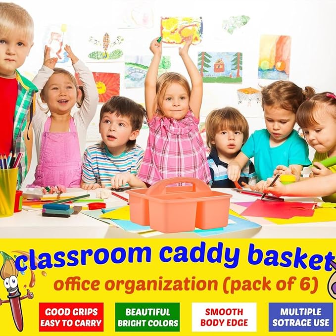 Plastic Storage Caddy Organizers, 6 Pcs Portable Teacher Classroom Supply Caddies with Handle, 3-Compartment Utility Craft Art Caddy for Kids, School Classroom and Office Organization, Boho Colors