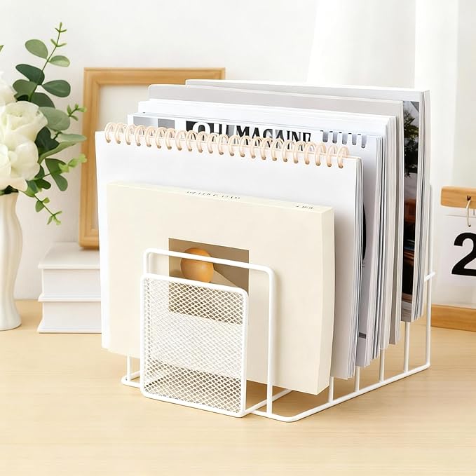 2 Pcs 7 Section Wire File Organizer for Desk, Metal Mesh Incline File Holder, Letter & Magazine Folder Rack, Desktop Paper Sorter for Home Office School (White)