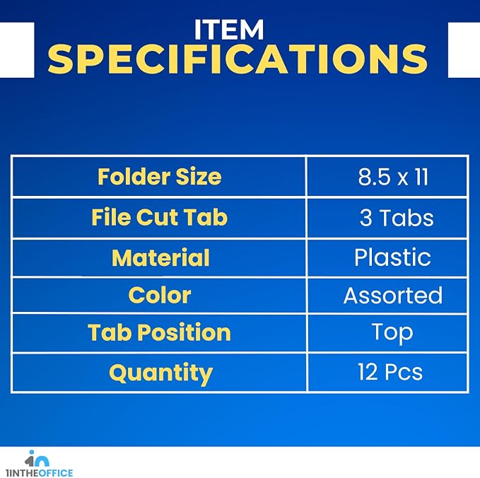 1InTheOffice Plastic File Folders, Poly File Folders, Translucent Poly File Folders, 1/3-cut, Top Tabs, Letter Size, Assorted, 12/Pack