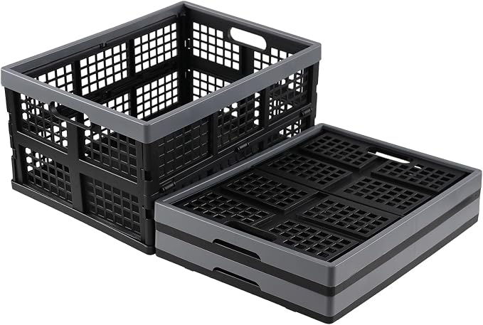 34 L 3 Packs Plastic Foldable Crate with Handle, Stackable Collapsible Utility Crates
