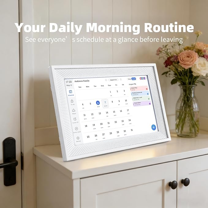 10.1" Smart Digital Calendar Display - WiFi Family Command Center & Chore Chart, Syncs Apple/Outlook/Google Calendar, Touch Screen Daily Planner, No Subscription (White Hole) ,Gifts for Women Men, Gifts for Mom Dad