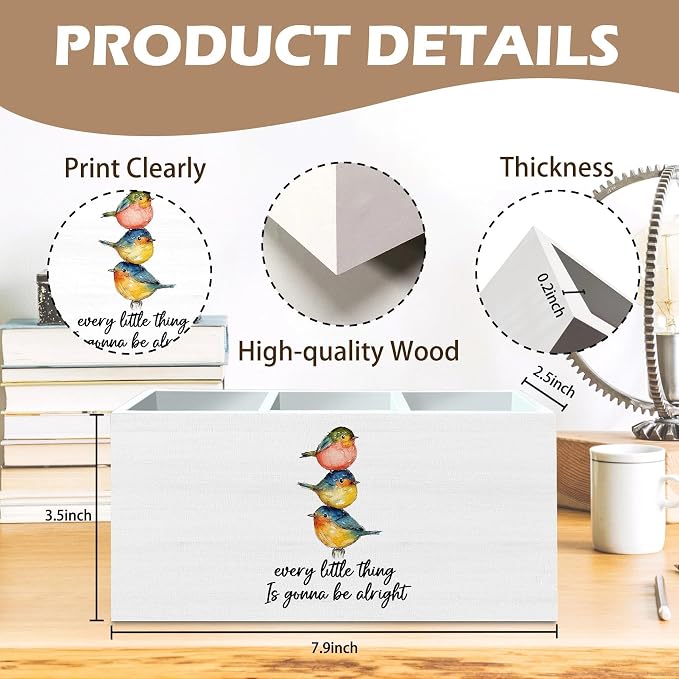 DILSJ Inspirational Bird Pen Pencil Holder Organizer for Desk, Inspirational Gifts for Women, Every Little Thing is Gonna Be Alright Wooden Box Signs for Home Office Desk Tabletop Decoration