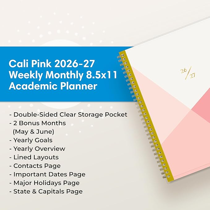 Blue Sky 2026-2027 Weekly and Monthly Academic Year Planner Calendar, July 2026 - June 2027, 8.5" x 11", Flexible Pocket Cover, Wirebound, Storage Pocket, Cali Pink