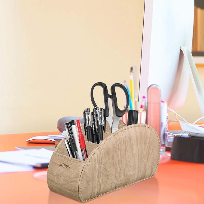 SITHON Remote Control Holder with 5 Compartments - PU Leather Remote Caddy Desktop Organizer Store TV, DVD, Blu-Ray, Media Player, Heater Controllers, Woodgrain Khaki