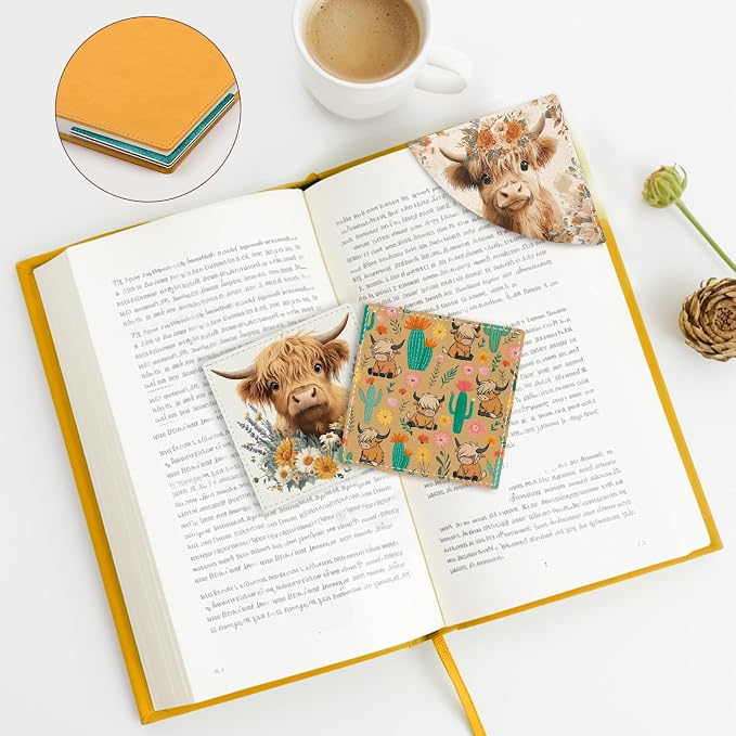 Cute Highland Cow Corner Bookmarks, Funny Leather Book Accessories for Book Lovers, 3 Pcs Reading Book Page Markers for Women Men Student Teacher Retirement Birthday Gifts