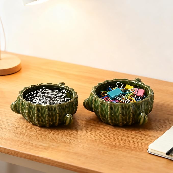 Ceramic Paper Clip Holder, 2 Pcs Green Cactus-Shaped Binder Clip Box Cute Office Decor Supplies for Desk Organizer (Cactus Green)