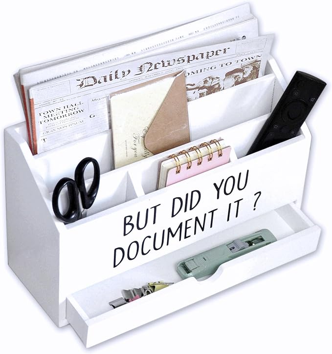 EXQUIDECA Wooden White Rustic Countertop Mail Storage Holder with Drawer and Compartments - Office Desk Accessories and Workspace Organizers - Desktop Sorter for Pen Stationery Letter Files Documents