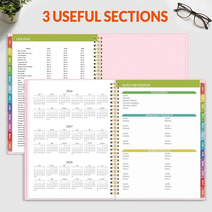 SUNEE Teacher Planner 2026-2027 Academic Year, Lite Lesson Planner Book with 7 Periods Jul 2026 - Jun 2027, 8.5"x11" Daily Weekly and Monthly Organizers, Plan Book with Pocket Folder, Color Tabs,Pink