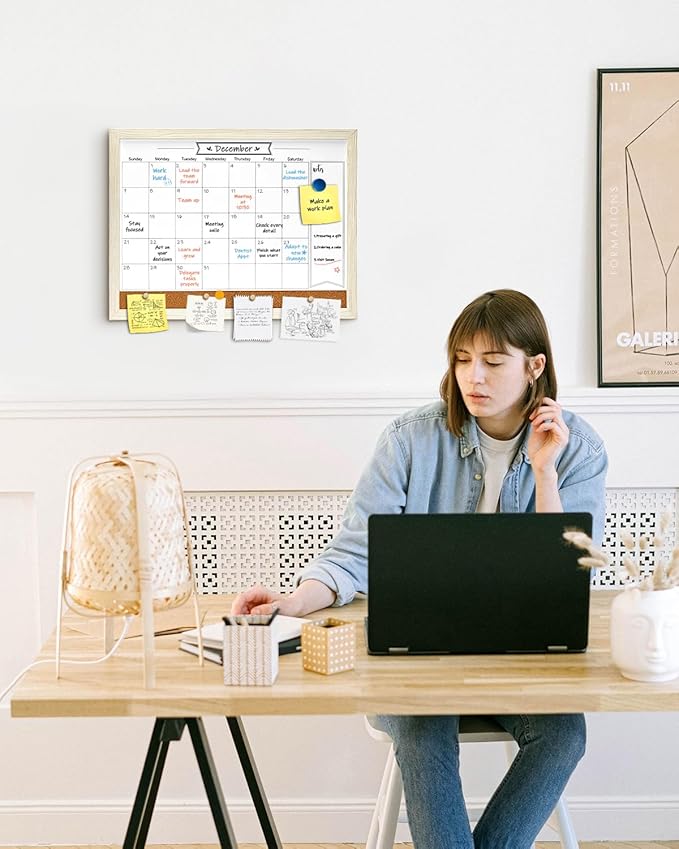 Dry Erase Calendar Whiteboard for Wall, Small Combination Magnetic Dry Erase White Board & Bulletin Board, 13" x 17",White Frame Calendar/Cork Combo Board(WH-3343)