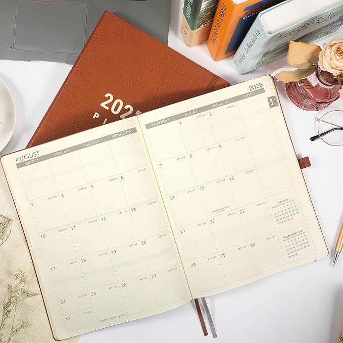 2025-2026 Planner - July 2025 - June 2026, Planner 2025-2026 Daily Weekly and Monthly, 8.5" x 11", Pen Holder, Calendar Stickers, Pocket, 25 Notes Pages, Faux Leather Cover, A4 Premium Paper - Brown