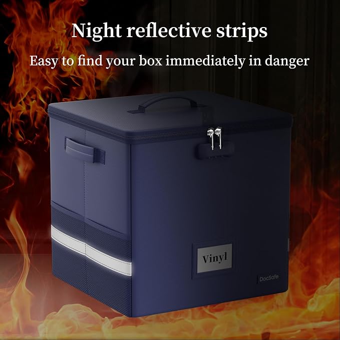 DocSafe Vinyl Record Storage Box with Lock, Fireproof&Water Resistant Record Organizer for 100+ Single Records(12-inch), Collapsible Storage Crate with Lid&Handles for Valuable Album Collection, Blue
