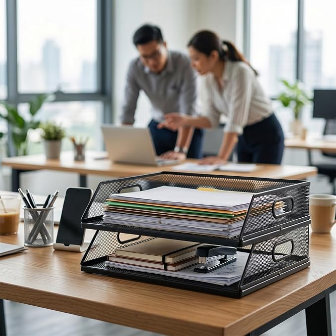 2 Pcs Paper Organizers Metal Mesh Desk Organizer Stackable Desk Tray Single Wire Mesh Organizer Front Load File Paper Holder for Desktop Office Home Classroom School