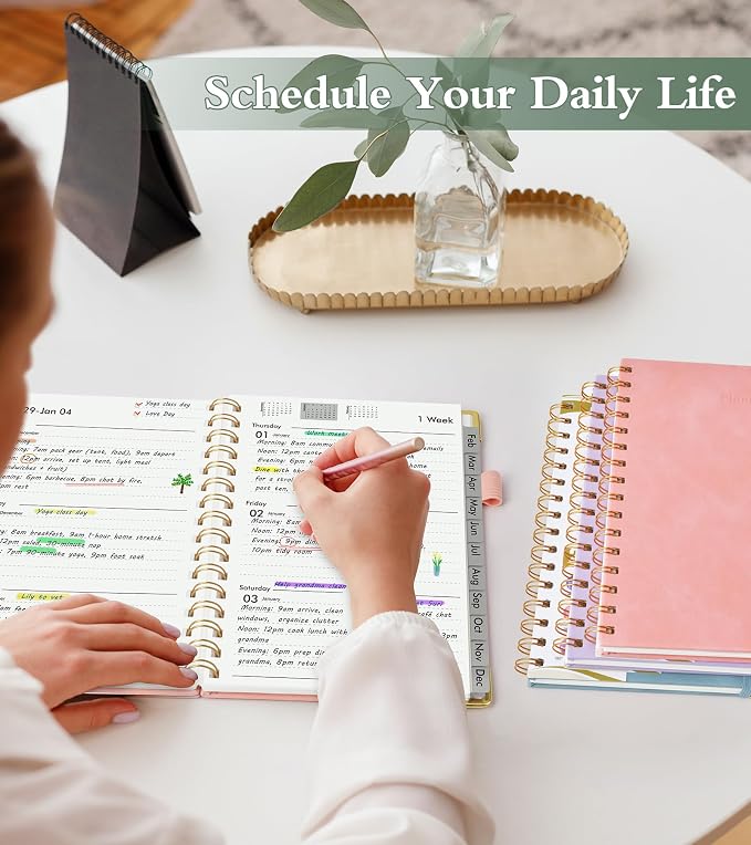 2026 Planner, Hardcover Leather Weekly and Monthly Planner, January 2026 - December 2026, Spiral Yearly Agenda Organizer Book 2026 with Tabs, Daily Calendar Planners for School Work Home, A5 (5.75" x 8.38"), Pink