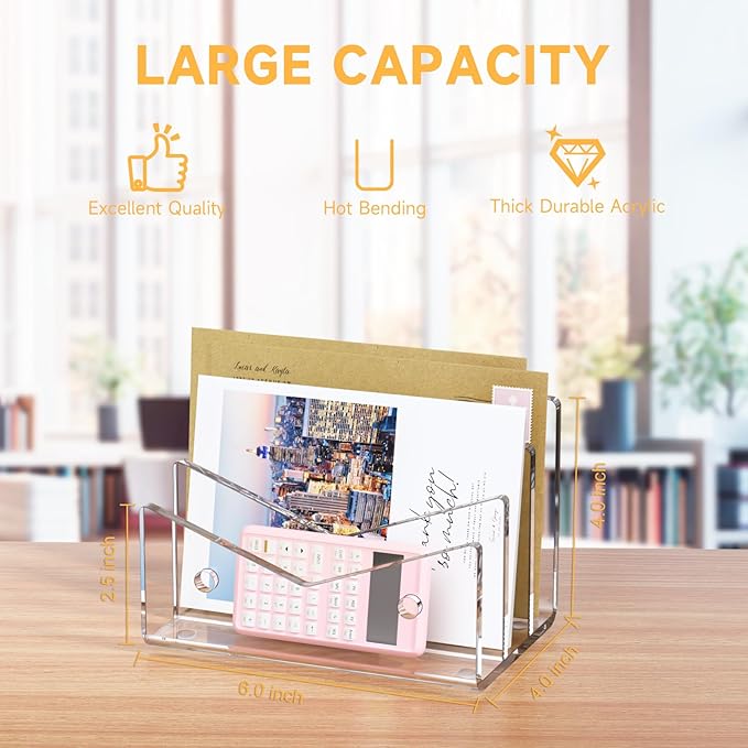 Mail Organizer Envelope Holder - 3 Compartments Clear Acrylic Mail Holder Countertop Vertical Desk Organizer Small File Bill Document Notebook Letter Sorter for Home School Office Supplies