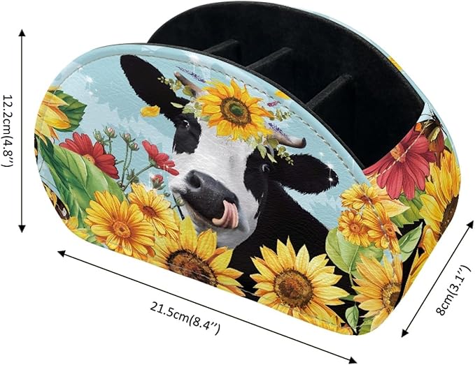FUSURIRE Sunflower Cow Print Remote Control Holders with 5 Compartment,PU Leather Desk Organizer Box Caddy Office Storage Supplies Fashion Remote Holders Valentine's Day Decor for TV, DVD