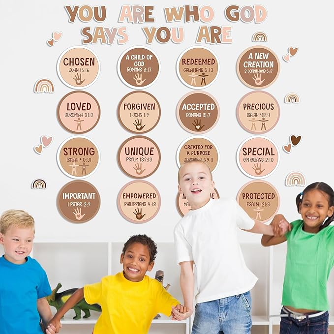 Qyeahkj Christian Bulletin Board Decoration Inspirational Diversity Bulletin Board Set Boho Rainbow God Says You Are Cutouts Motivational Religious Classroom Wall Decor for School Home Church Supplies