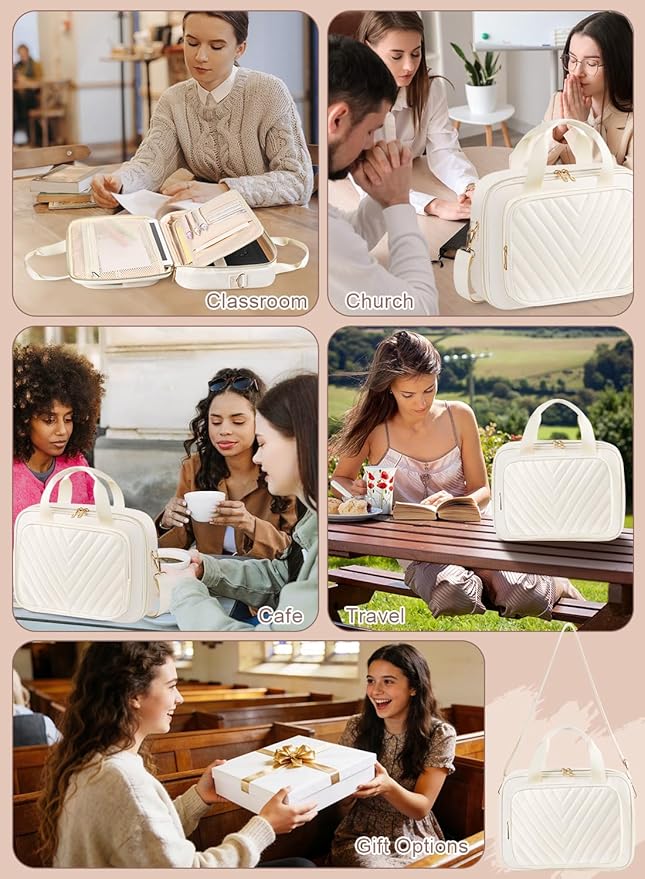 Bible Cover Case for Women, Large Bible Bag with Study Supplies & Shoulder Strap, White Travel Bible Case for Girls, Book Carrying Case with Tabs Ideal Christian Gifts for Women Friends