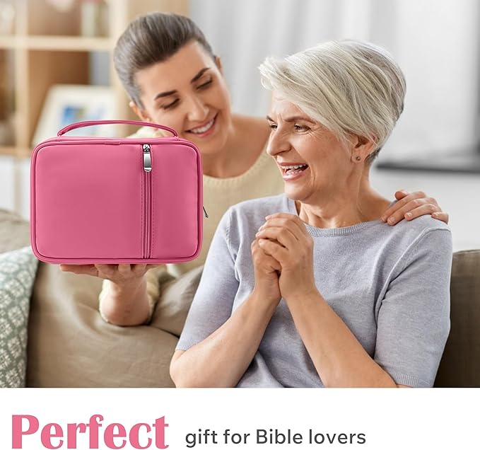 Small Bible Cover Case for Women and Men, 9x6 PU Leather Bible Sleeve, Compact Travel Bible Carrier Bag with Front Pen Holders, Zipper Closure, Inner Pockets - Hot Pink