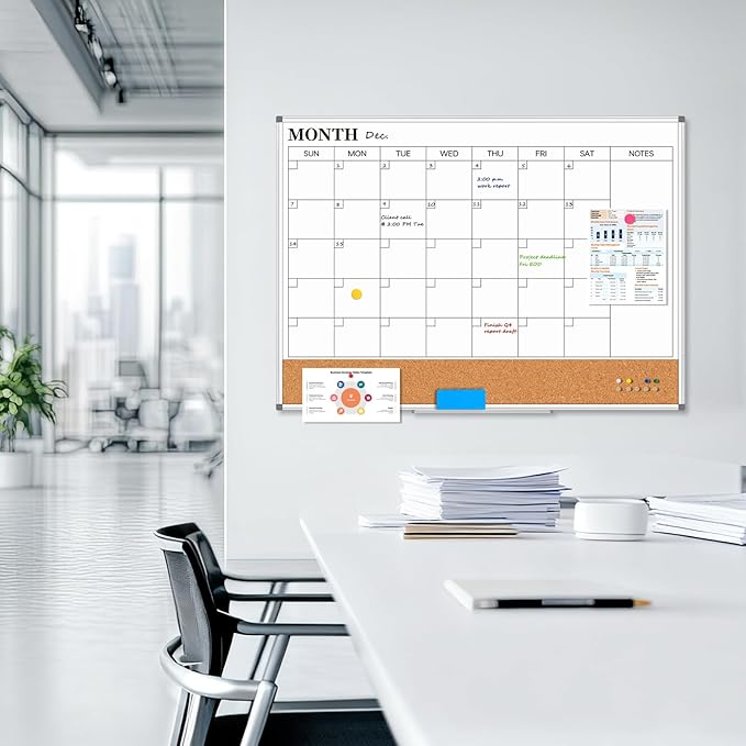 Large Monthly Dry Erase Calendar Whiteboard for Wall, 48" x 36" Double-Sided Big Calendar White Board Cork Board Combo, Aluminum Framed Month Planning Bulletin Board for Office, School, Home