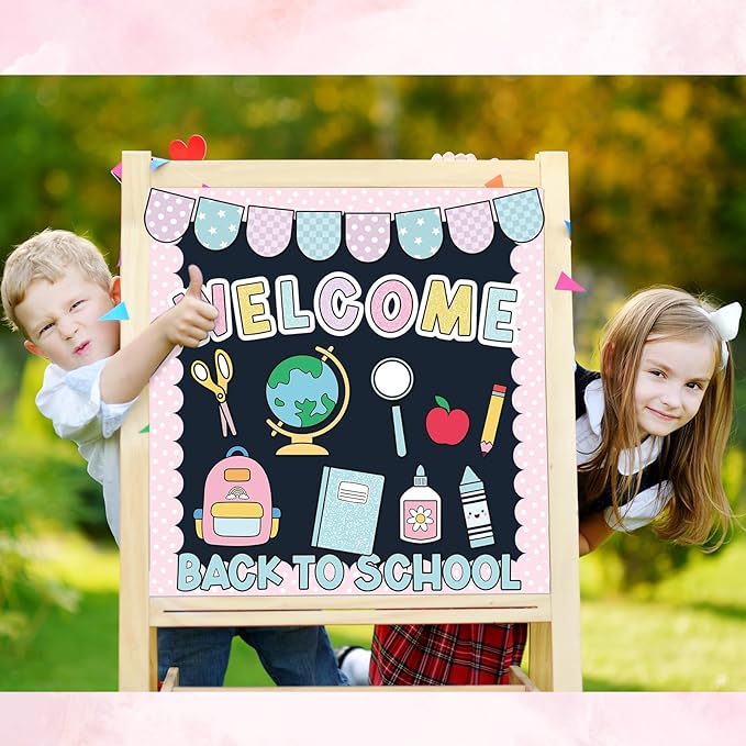 Kinlop First Day of School Bulletin Board Welcome Back to School Classroom Bulletin Board Set Pastel Pencil Notebook Schoolbag Paper Cutouts for Chalkboard Wall Decor for Teacher Preschool Elementary