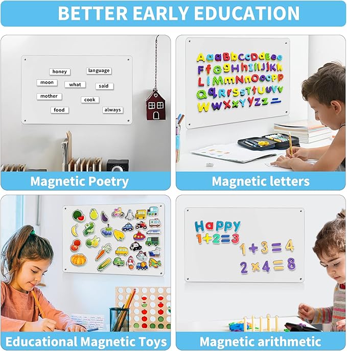 17.7" x 11.8" 2 Pack White Metal Magnetic Board - Magnet Bulletin Board to Display Magnetic Letters Numbers Animal, Poetry, Spice Jars, Notes, Photos, Suitable for Wall, Refrigerator, Cubicle