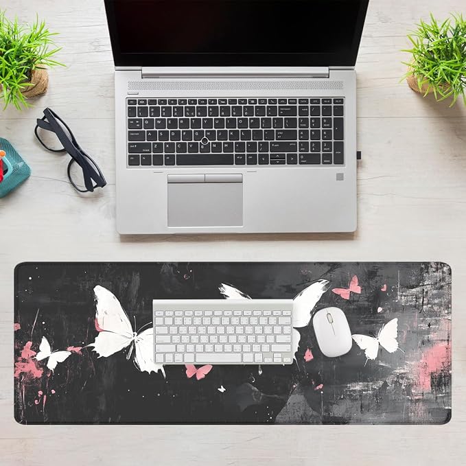 Gothic Aesthetic Gaming Mouse Pad Desk Pad White Butterfly Street Art XL Mousepad Large Mousepad Extended Laptop Keyboard Mat Gaming Desk Pad Office Computer Keyboard Laptop Home 31.5"x11.8"